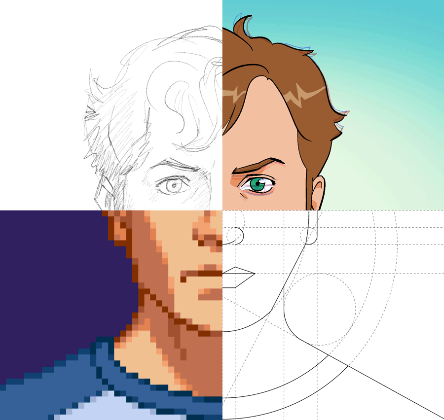 A rather flattering illustration of Tom, split into four quarters. Each quater represents a different skill. Top left portion is a pencil sketch for illustration, top right is a cartoon with ghosted frames for animation, bottom left is pixel art and bottom right is an outline with various grid markings to represent design.